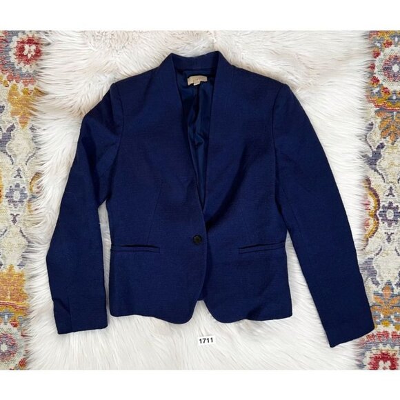 Loft Suit Jacket Blazer Women's 10 Blue Shoulder Pads Long Sleeve Button Short - Picture 11 of 13